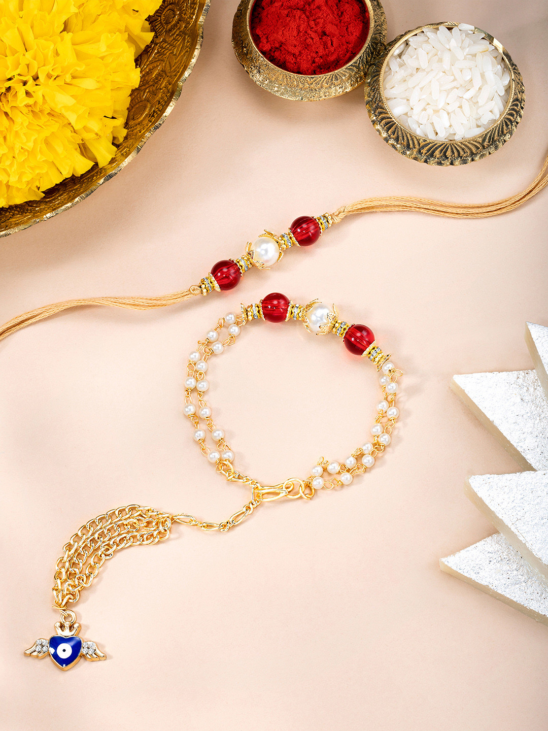 Peora 2-Pcs Rakhi & Lumba For Bhaiya & Bhabhi With Roli Chawal Greeting Card