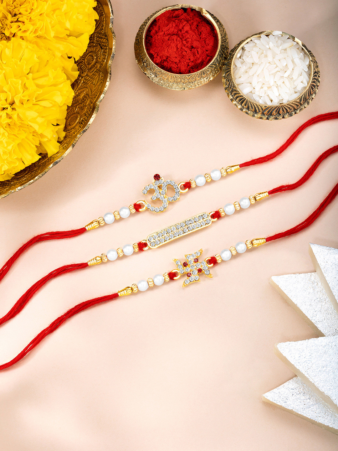 Peora 3-Pcs Swastik Om Rakhi With Roli Chawal Greeting Card