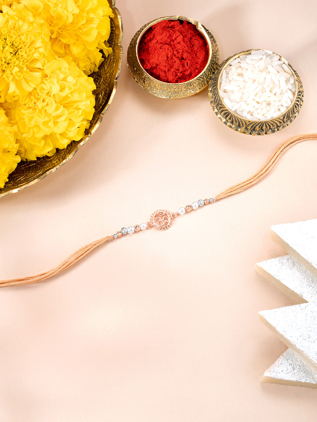 Peora Sterling Silver Om Symbol Rakhi With Roli Chawal & Greeting Card