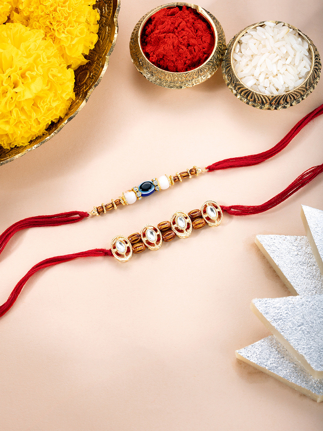 Peora 2-Pcs Evil Eye & Stone Studded Rakhi With Roli Chawal Greeting Card