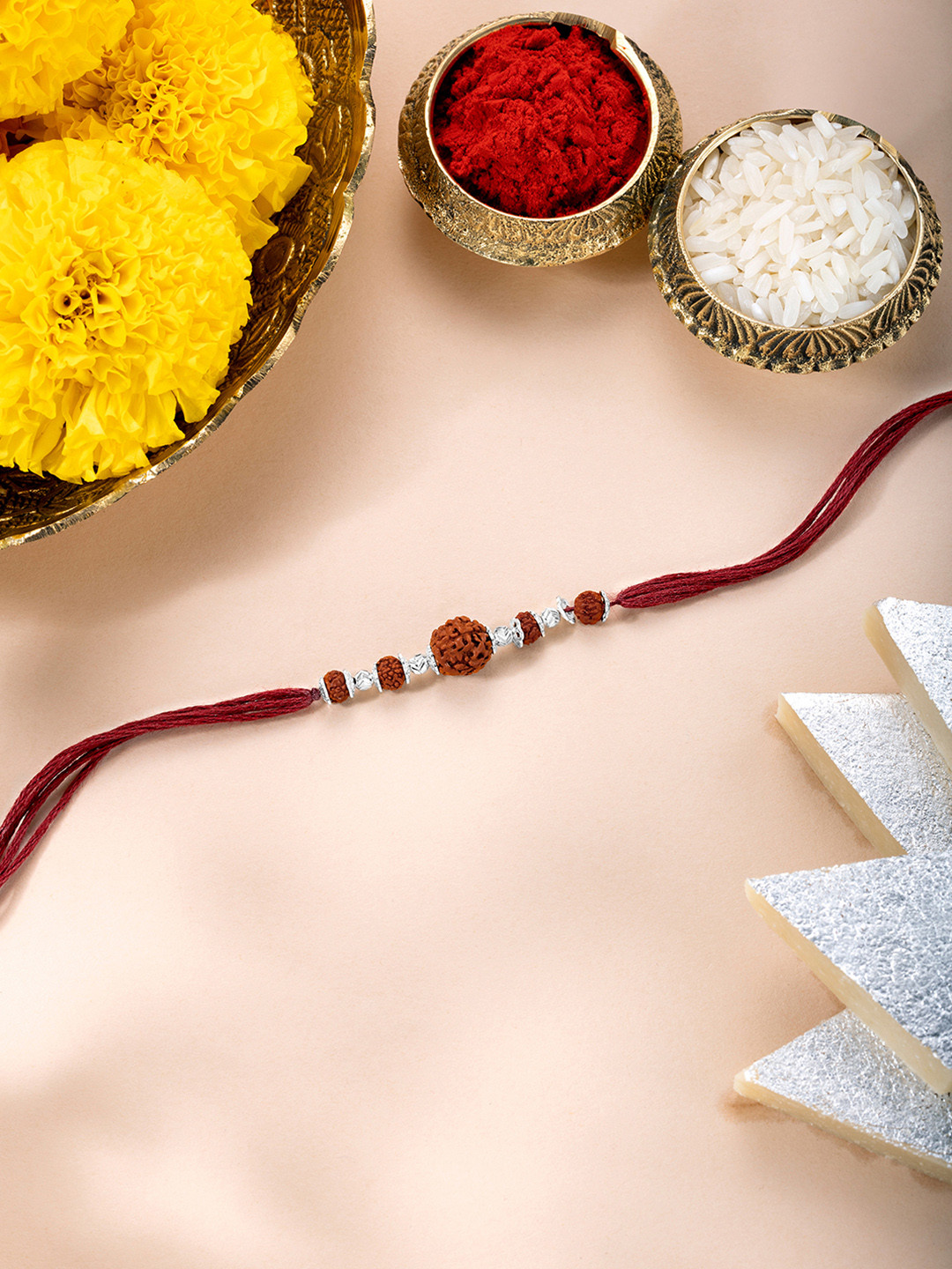 Peora Sterling Silver Rudraksh Beaded Bhaiya Thread Rakhi With Roli Chawal & Greeting Card