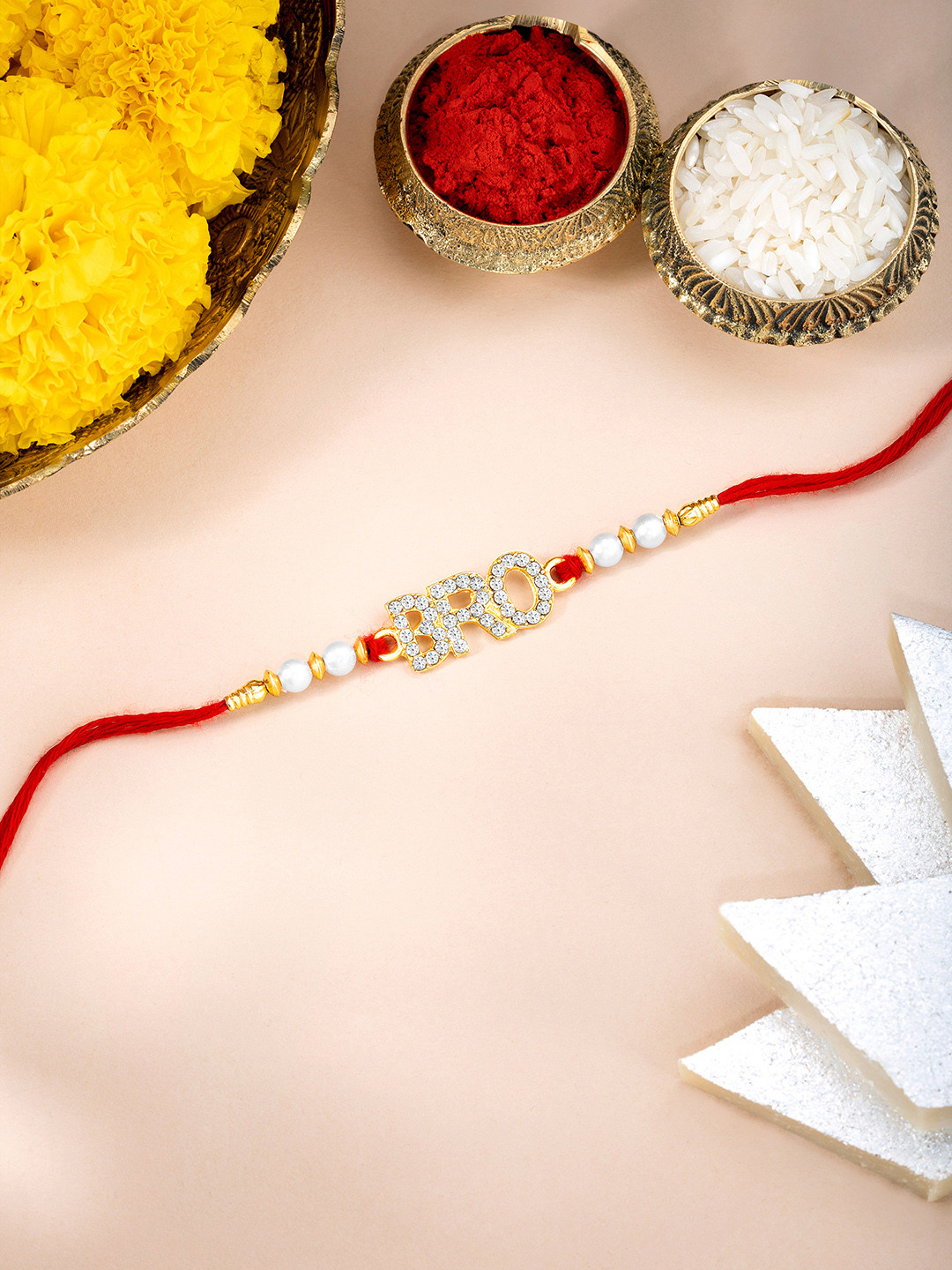 Peora Stone Studded & beaded BRO Rakhi With Roli Chawal & Greeting Card