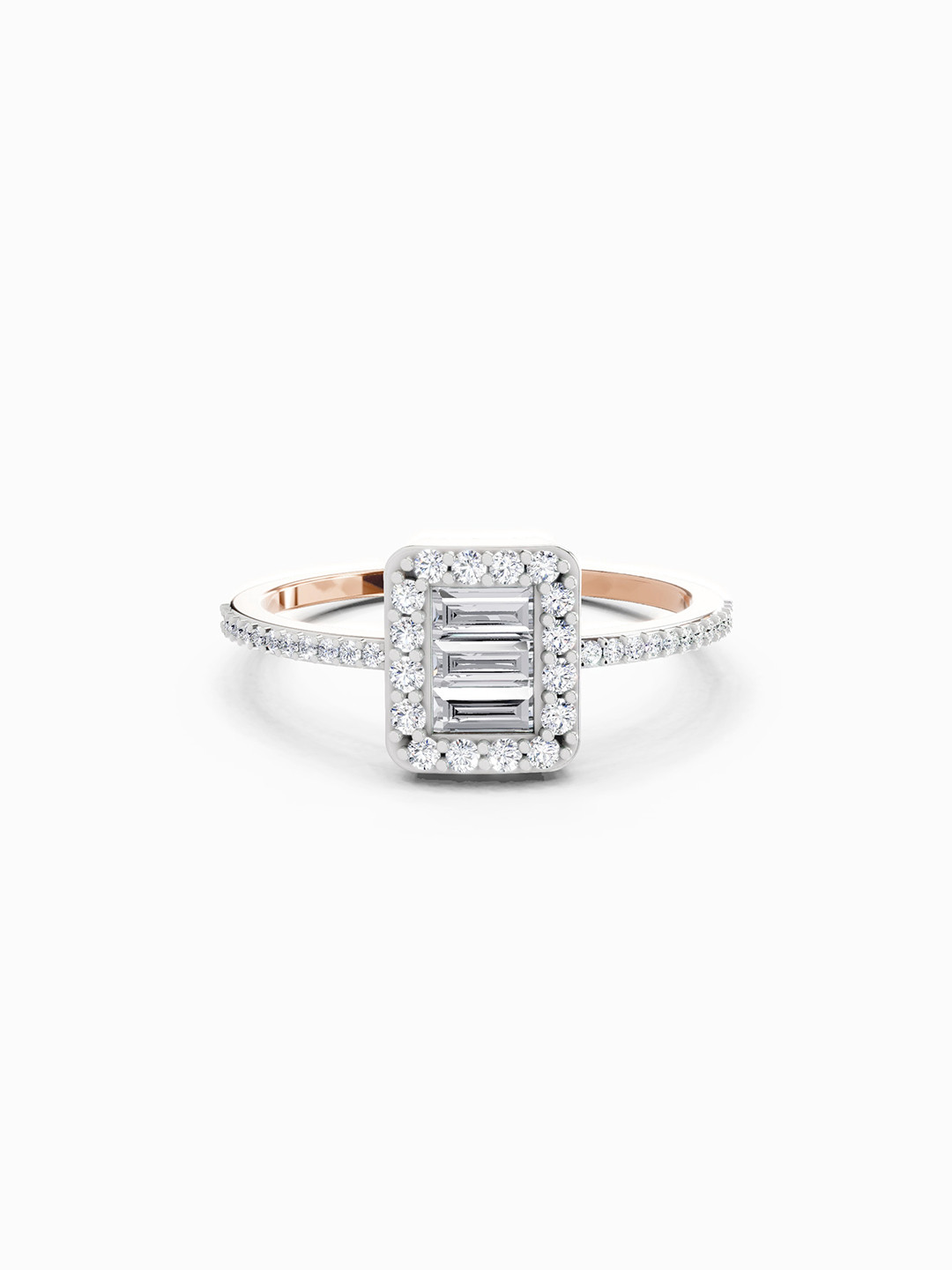 14K Rose Gold Lab Grown Diamond 0.42 Carat Baguette Shape Halo Diamond Ring