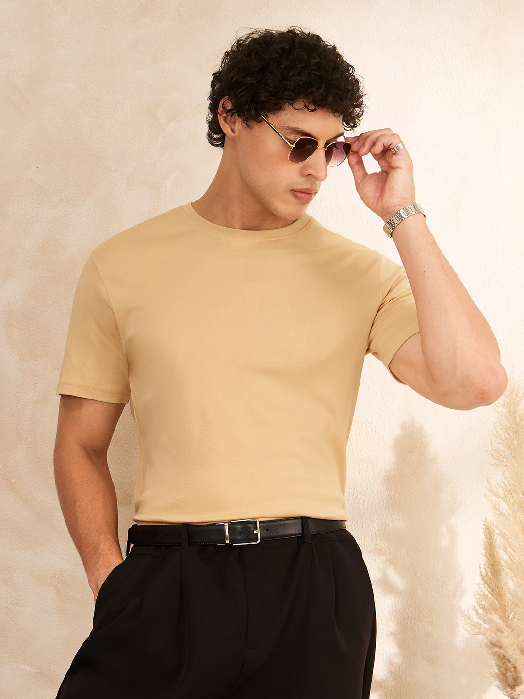 The Souled Store Oat Milk Round Neck Pure Supima Cotton T-Shirt