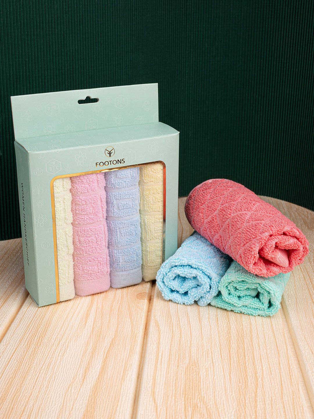 FOOTONS Pack Of 4 Textured Ultra Soft & Durable Cotton Handkerchiefs