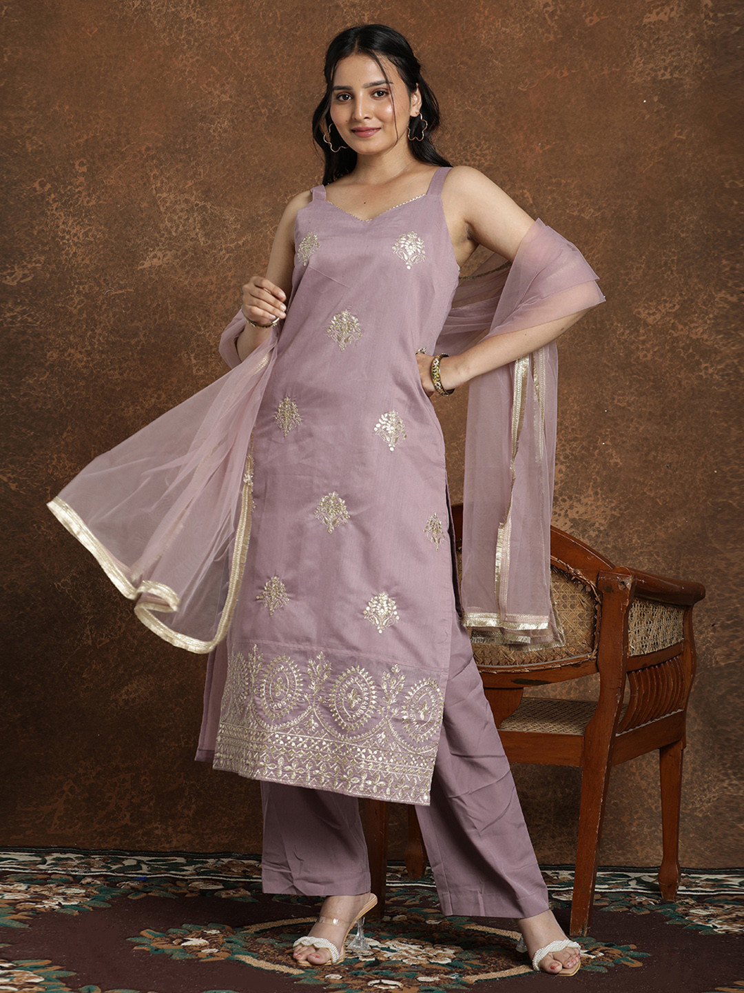 AVANSHEE Women Ethnic Motifs Embroidered Regular Sequinned Kurta with Palazzos & Dupatta