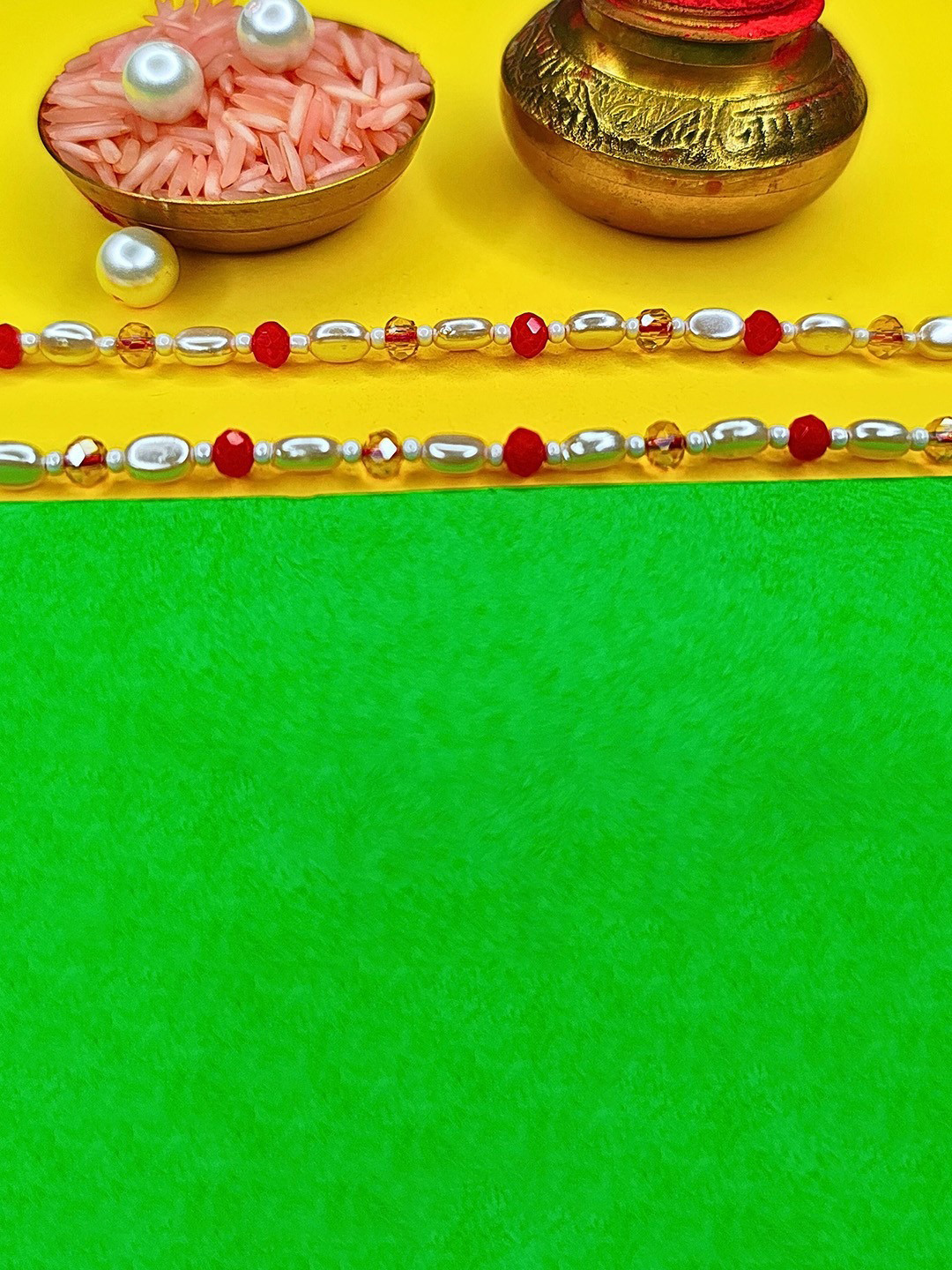 ORANGENYSHA Set Of 2 American Diamond Studded & Beaded Meenakari Thread Rakhis