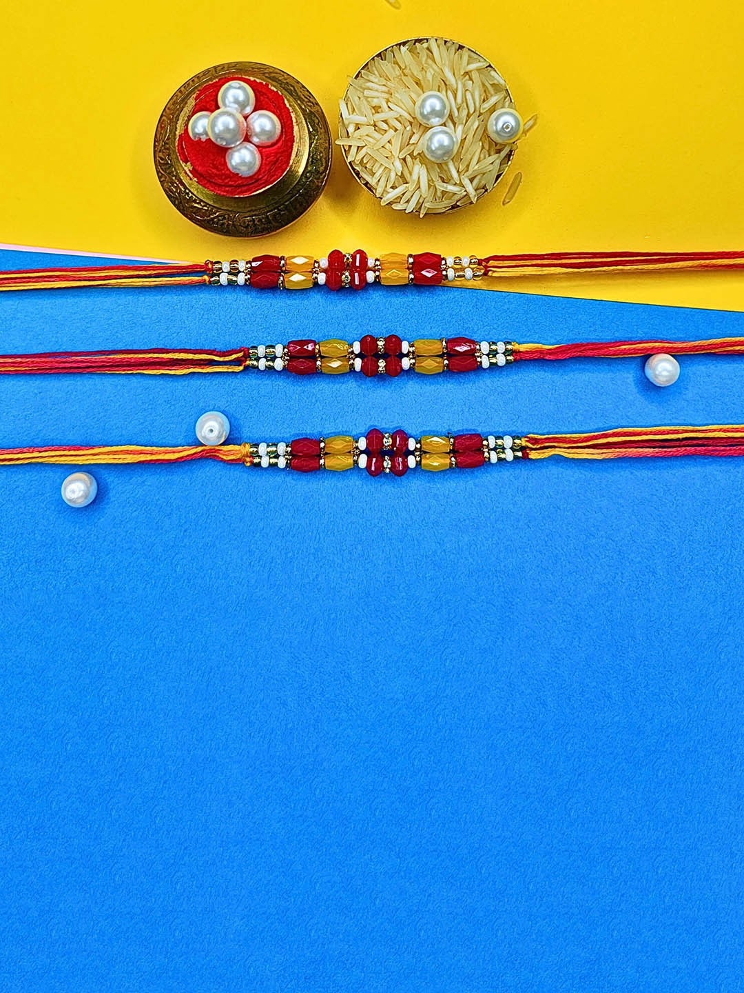 ORANGENYSHA Set Of 3 AD Studded & Beaded Cotton Thread Rakhis