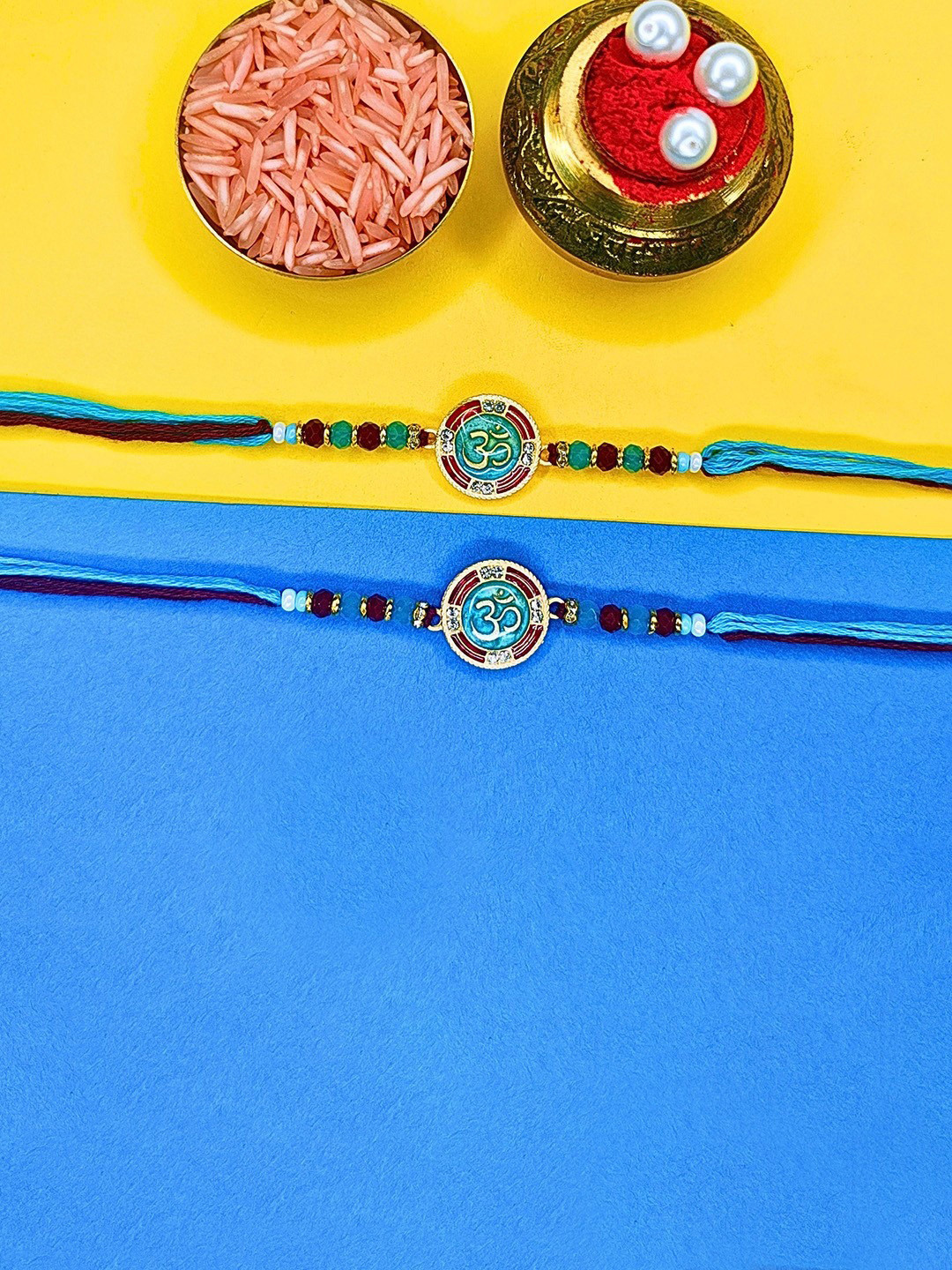 ORANGENYSHA Set Of 2  American Diamond Studded & Beaded Meenakari Thread  Rakhis