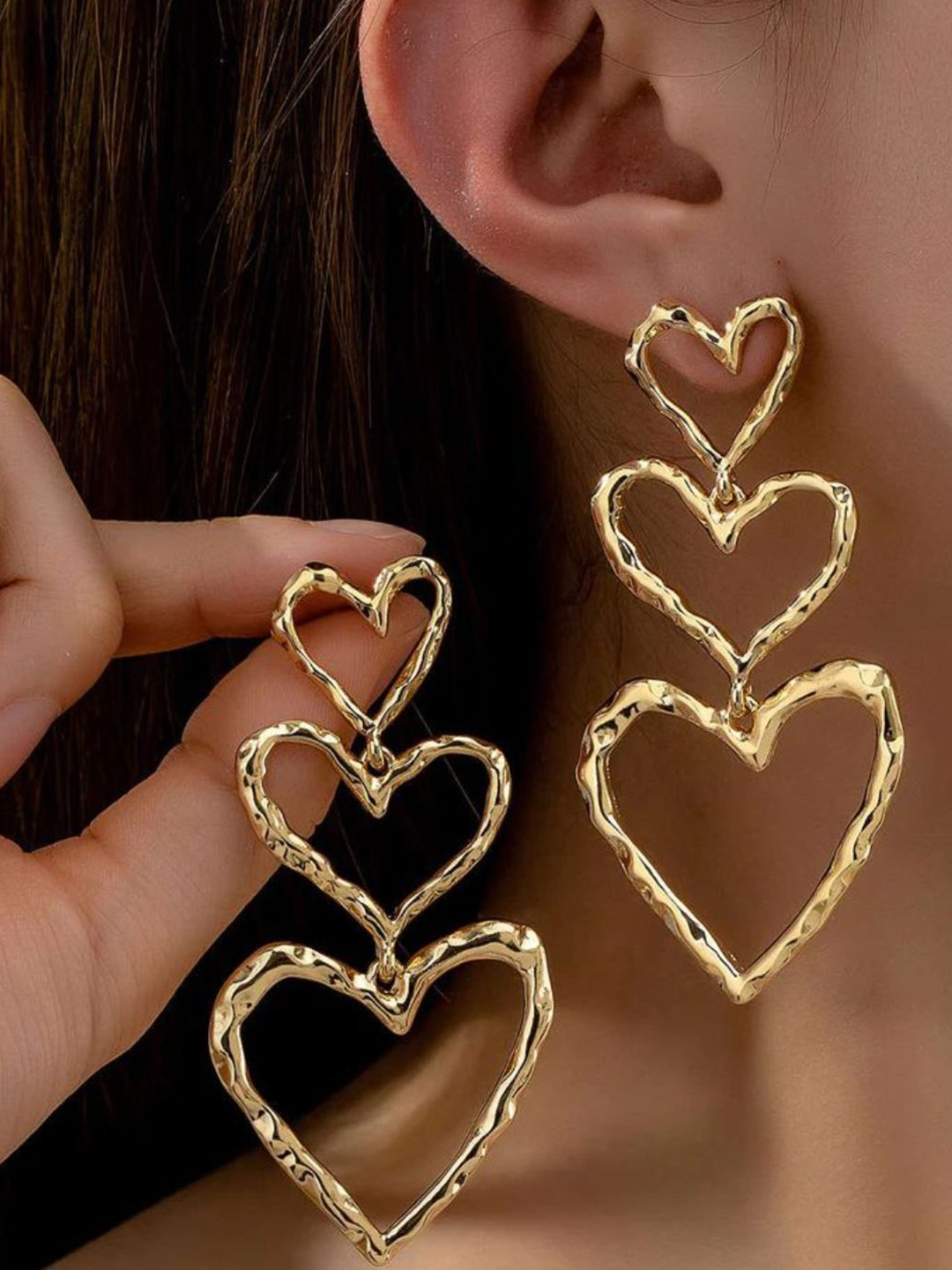 fabula Texture Triple Heart Shaped Drop Earrings