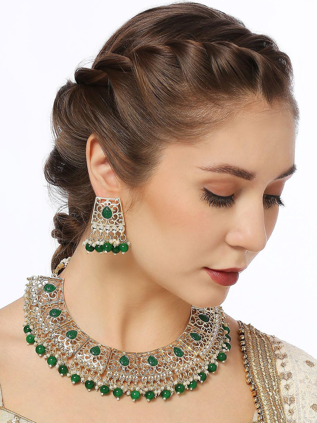 fabula Engraved Jaipur Kundan Stone-Studded & Beaded Choker Jewellery Set