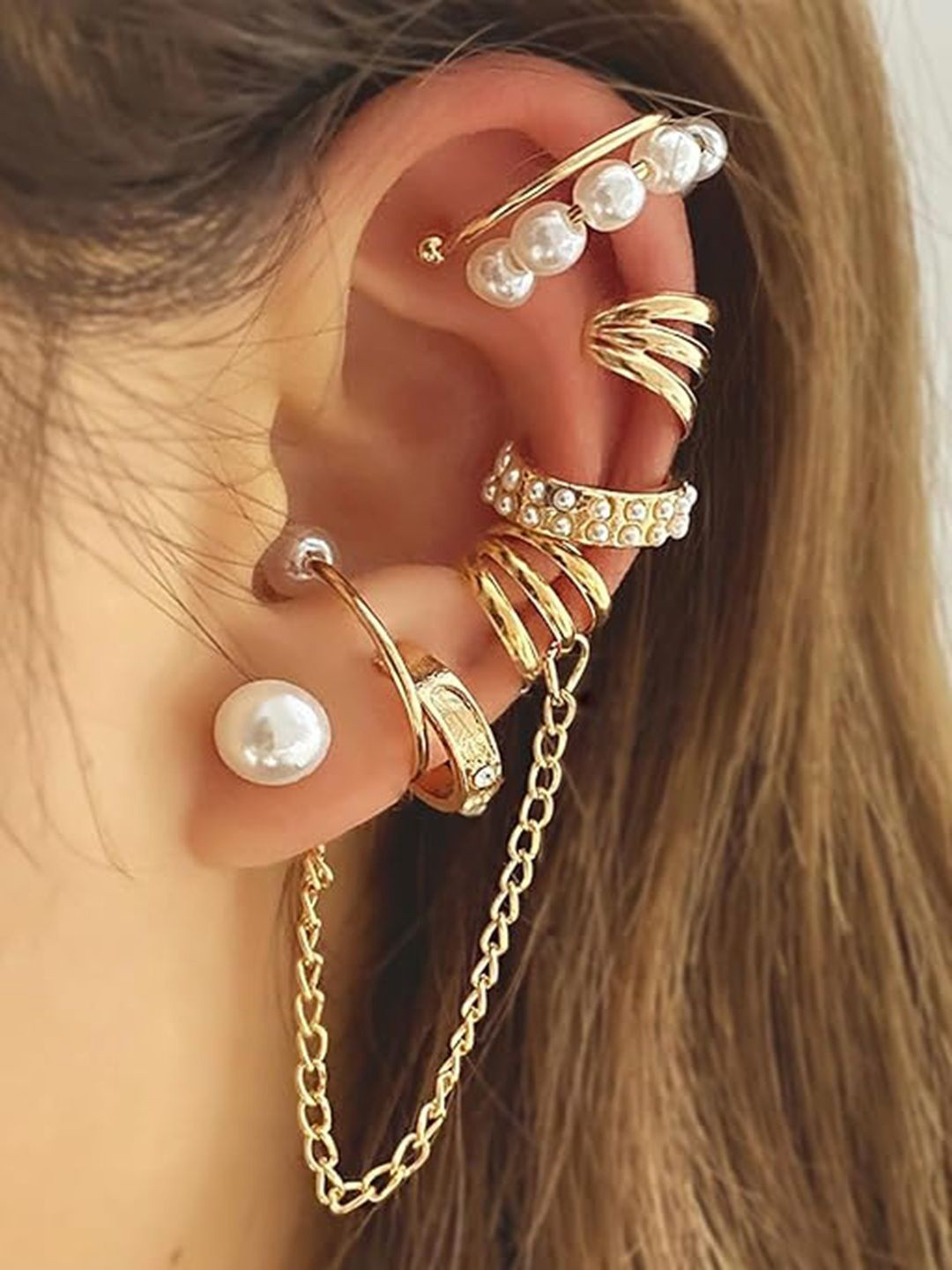 fabula Set of 8 Pearls Beaded Ear Cuff Earrings