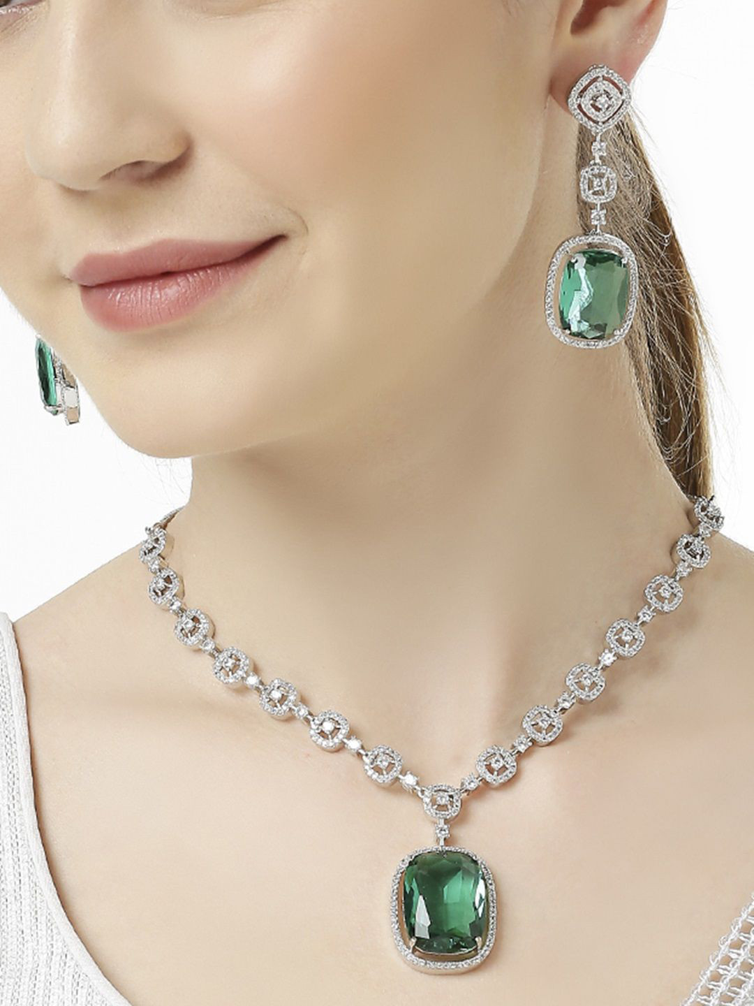 fabula American Diamond Stone-Studded Large Rectangle Drop Pendant Jewellery Set