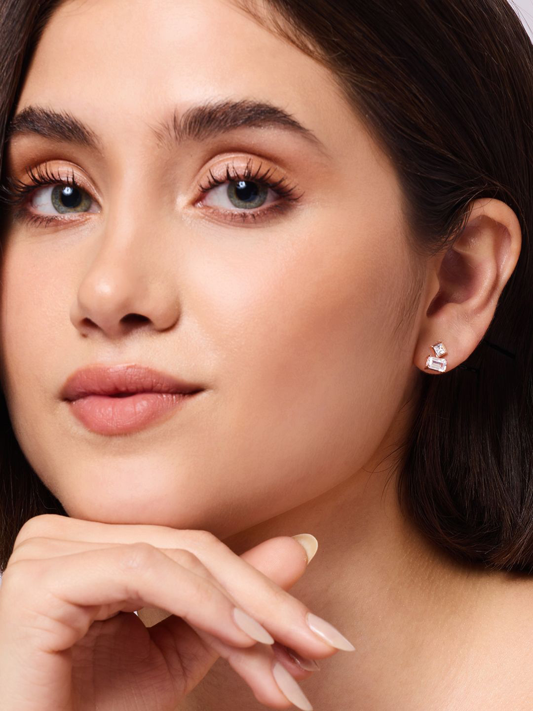 Ishin 925 Sterling Silver Rose Gold-Plated Zircon Studded Square Shaped Studs
