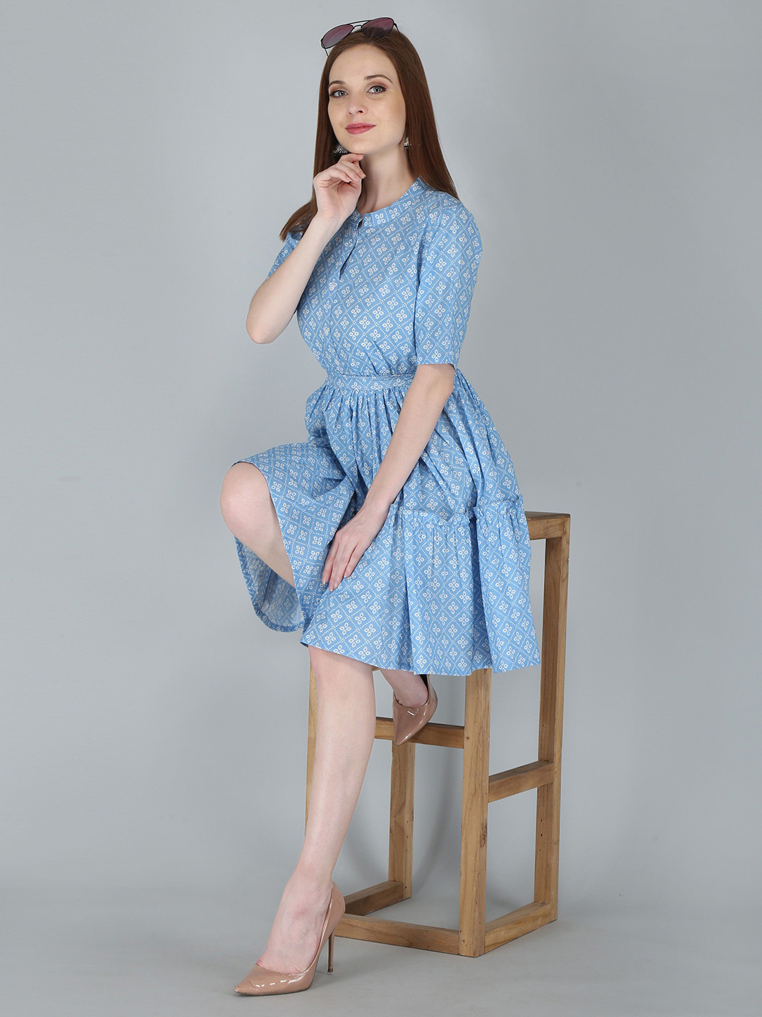 Anouk Rustic Ethnic Motifs Printed Mandarin Collar Pure Cotton Fit & Flare Mini Dress