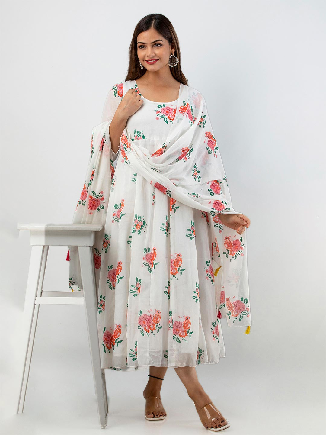 Anouk Rustic Floral Printed Round Neck Pure Cotton A-Line Ethnic Dress With Dupatta