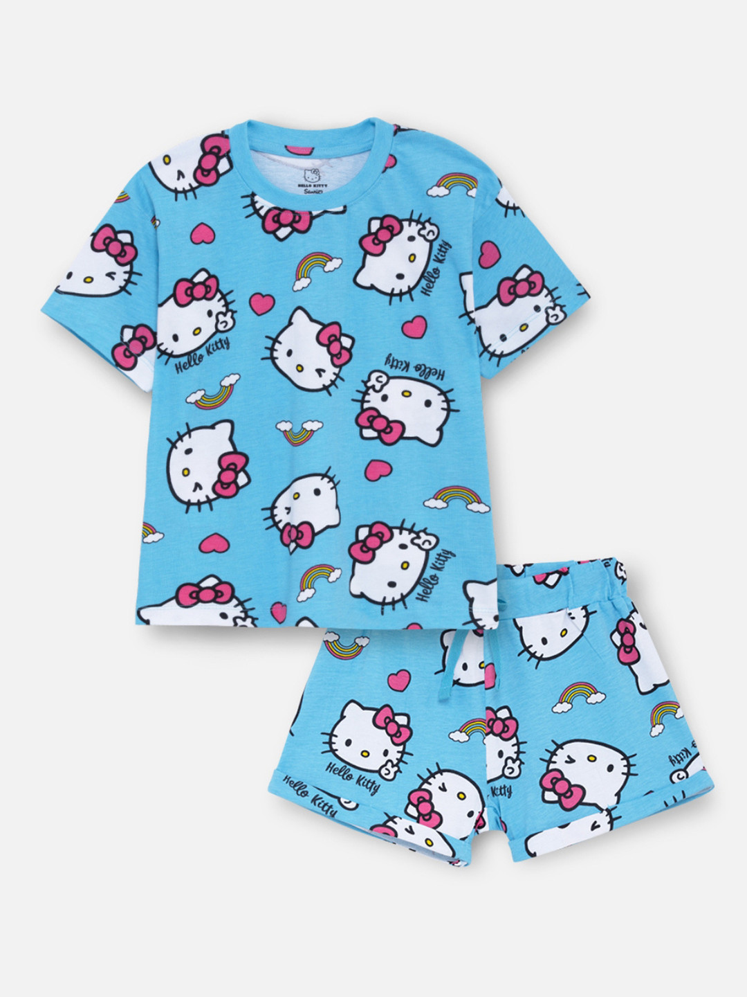 Nap Chief Girls Hello Kitty Rainbow Printed Pure Cotton T-Shirt With Shorts