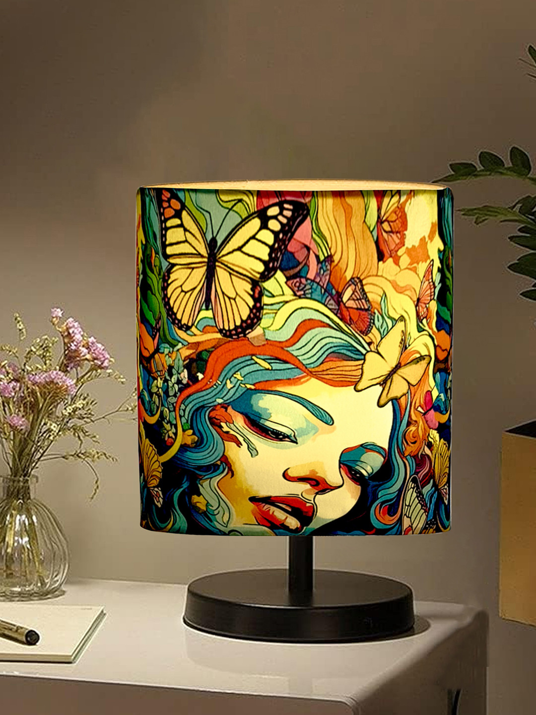 Bedside Table Lamp, LED Modern Nightstand Desk Lamp with Fabric Shade, Reading Nightstand Light Bedside Lamp for Bedroom, Living Room, Childrens Room, Office, Black , Butterflies