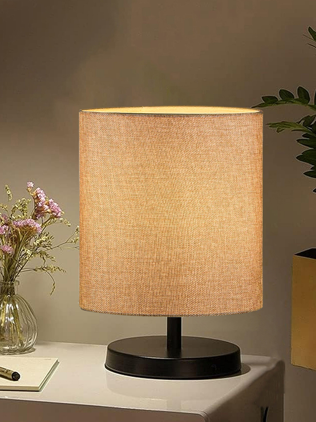 Bedside Table Lamp, LED Modern Nightstand Desk Lamp with Fabric Shade, Reading Nightstand Light Bedside Lamp for Bedroom, Living Room, Childrens Room, Office, Black , Jute