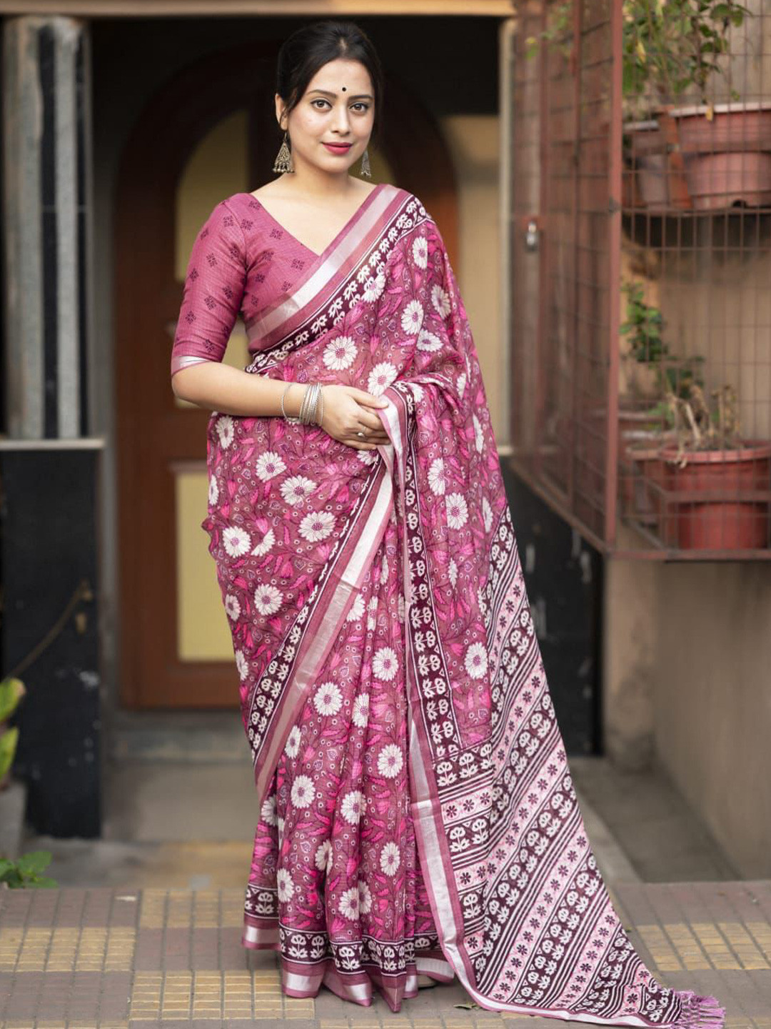 Swaraas Ajrak Printed Zari Ikat Saree