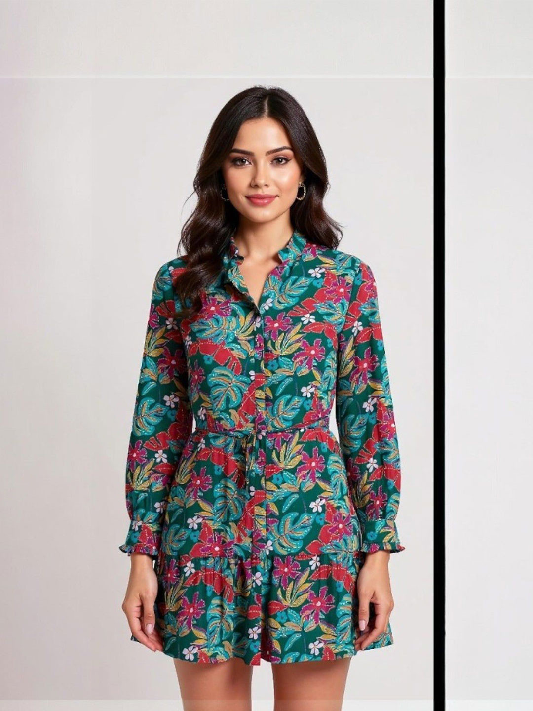 Errabelly Women Floral Friled Cuffed Sleeve Ruffled Shirt Dress