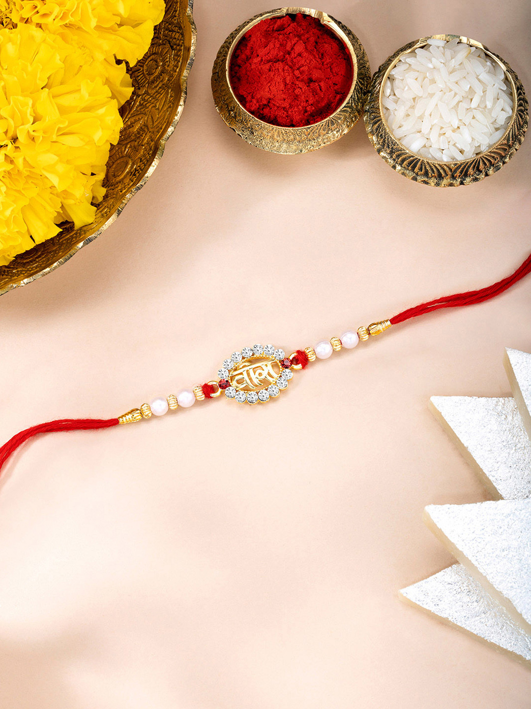 Peora Crystal Studded & Beaded Vira Thread Rakhi With Roli Chawal And Greeting Card