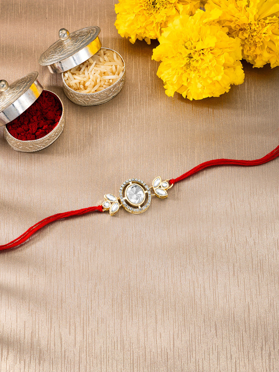 Peora Cubic Zirconia Studded Rakhi For Brother with Roli Chawal & Greeting Card