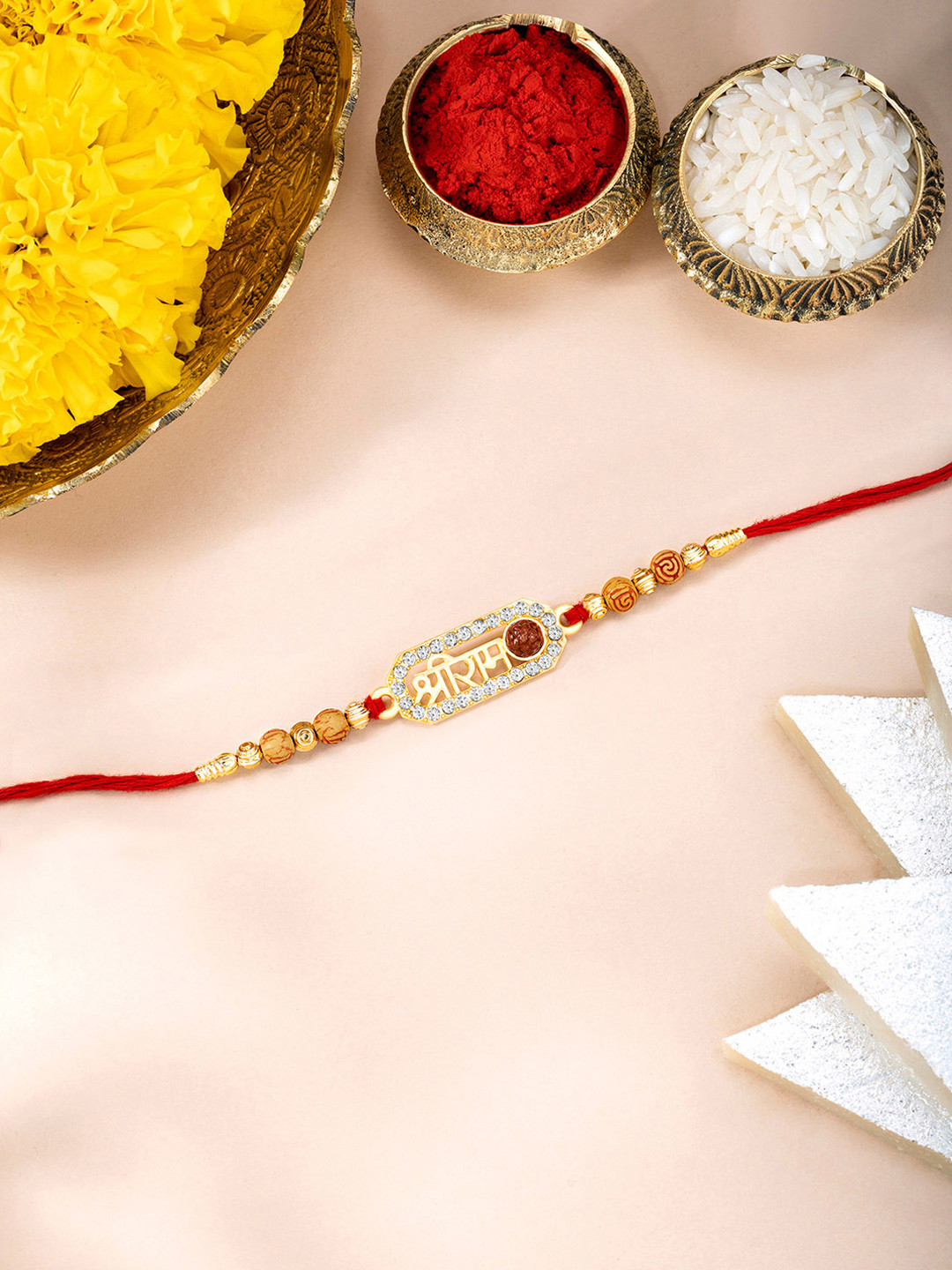 Peora Crystal Studded Shree Ram Thread Rakhi With Roli Chawal And Greeting Card