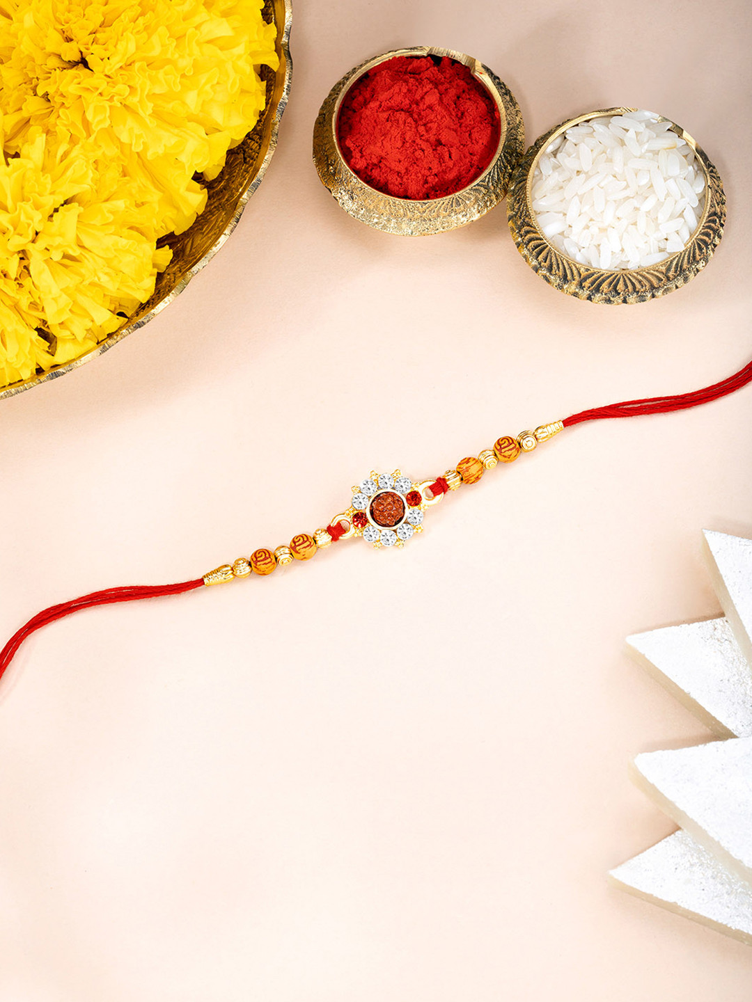 Peora Crystals Studded & Beaded Rakhi For Brother with Roli Chawal & Greeting Card
