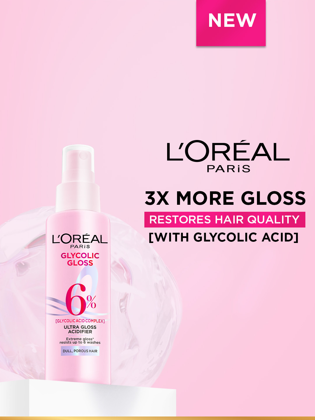 LOreal Paris Glycolic Gloss Acidifier Spray with Glycolic Acid for Lasting Shine - 100ml