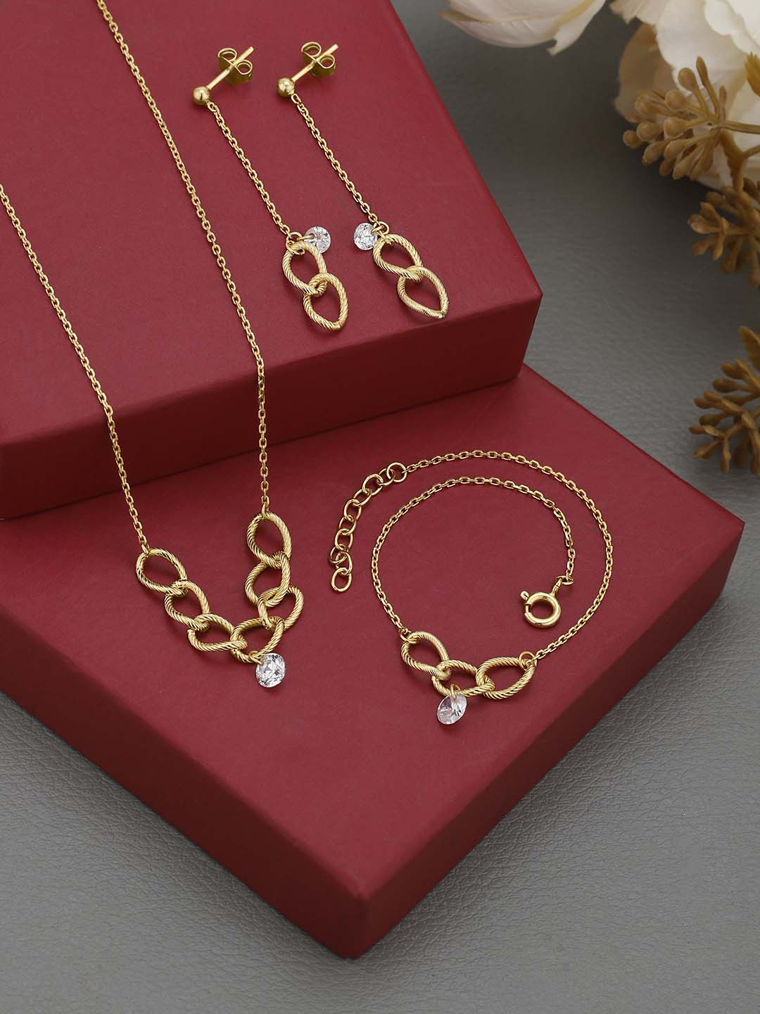 Carlton London 18kt Gold Plated CZ Link Bracelet with Earring and Necklace Gift Set