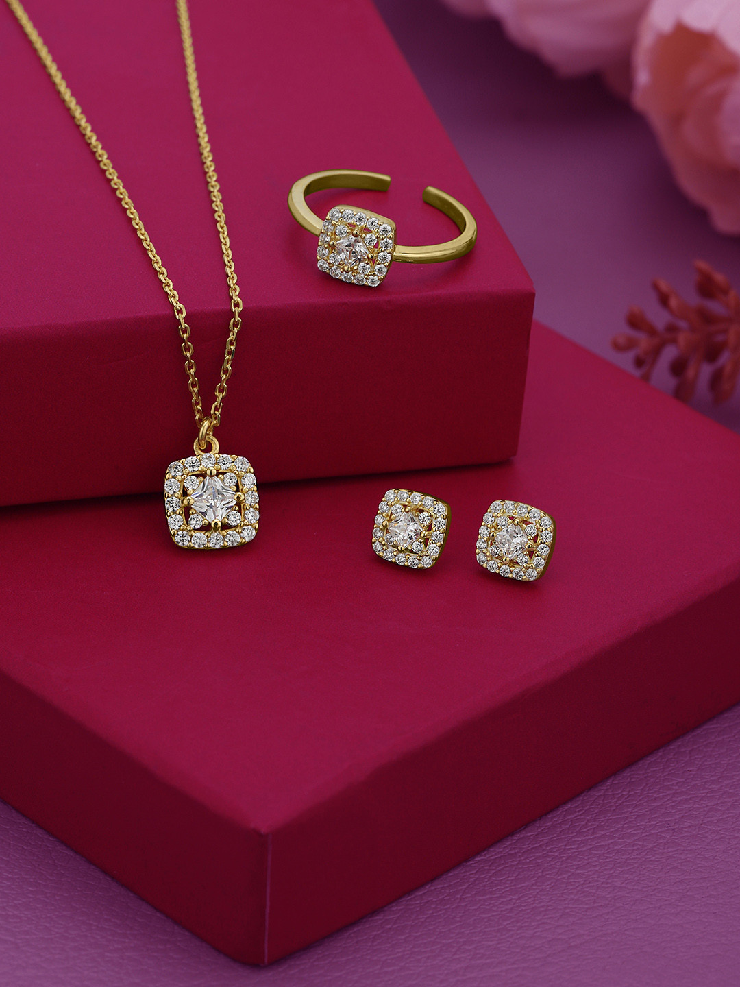 Carlton London 18kt Gold Plated CZ Square Earring Adjustable Ring & Necklace Gift Set