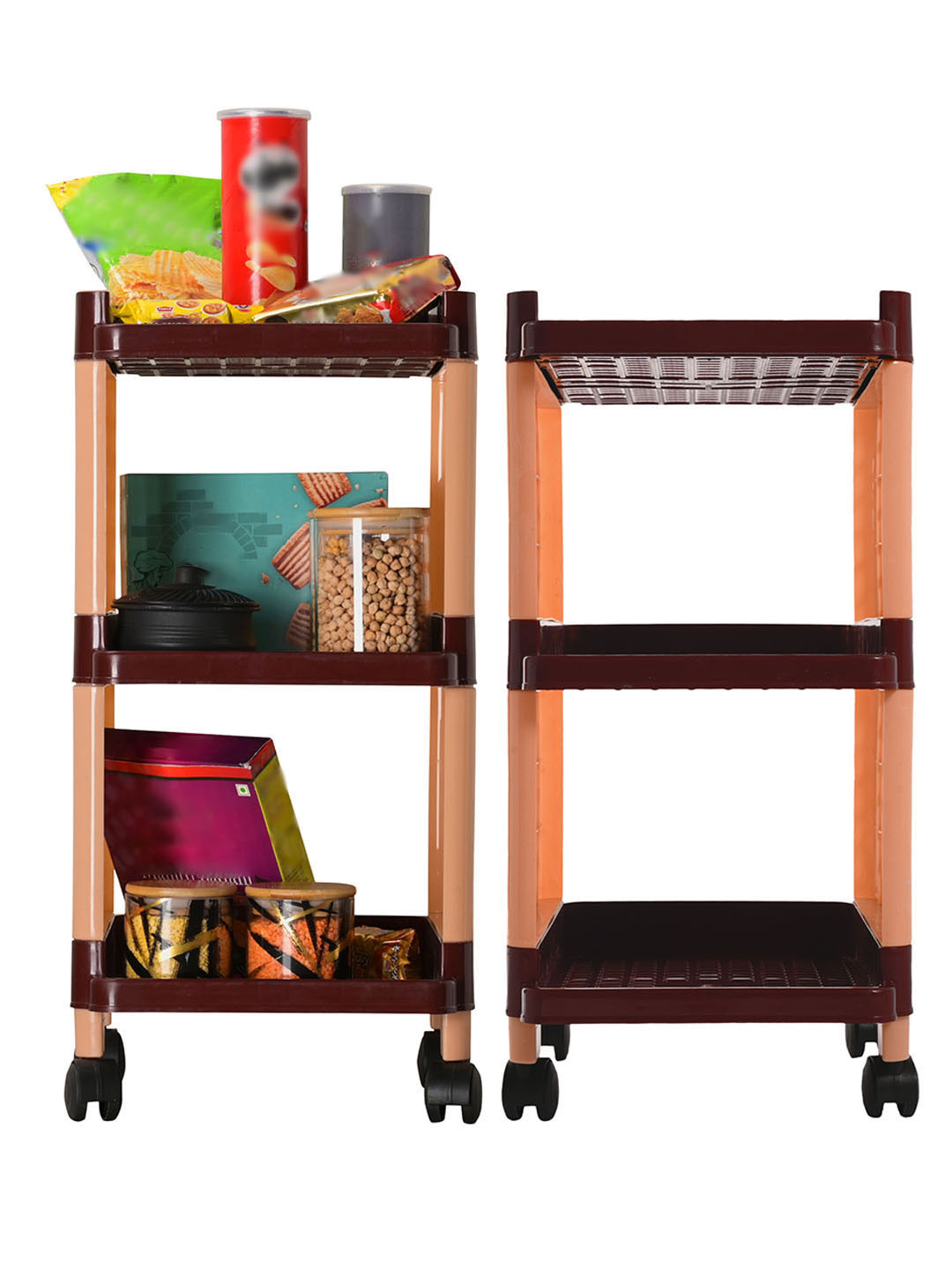 Aura Brown 2 Pieces Multipurpose 3-Layer Office Storage Trolley Racks with Wheels