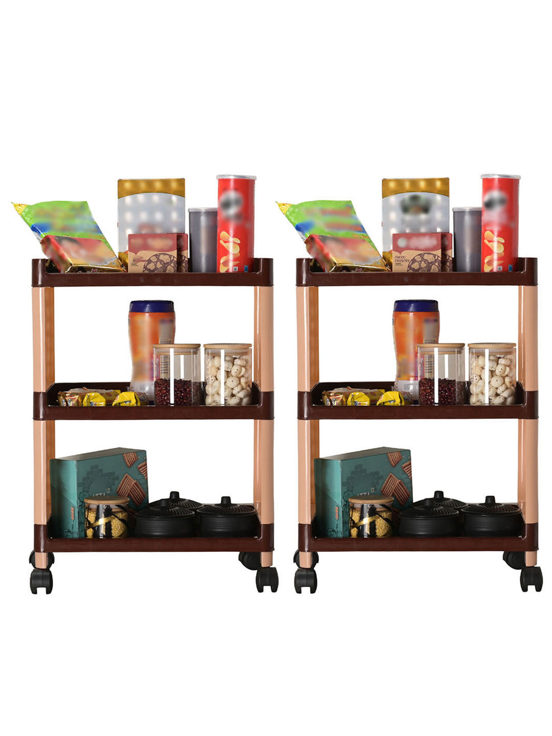 Aura Brown & Coffee Brown 2 Pieces 3-Layer Multipurpose Storage Rack With Wheels