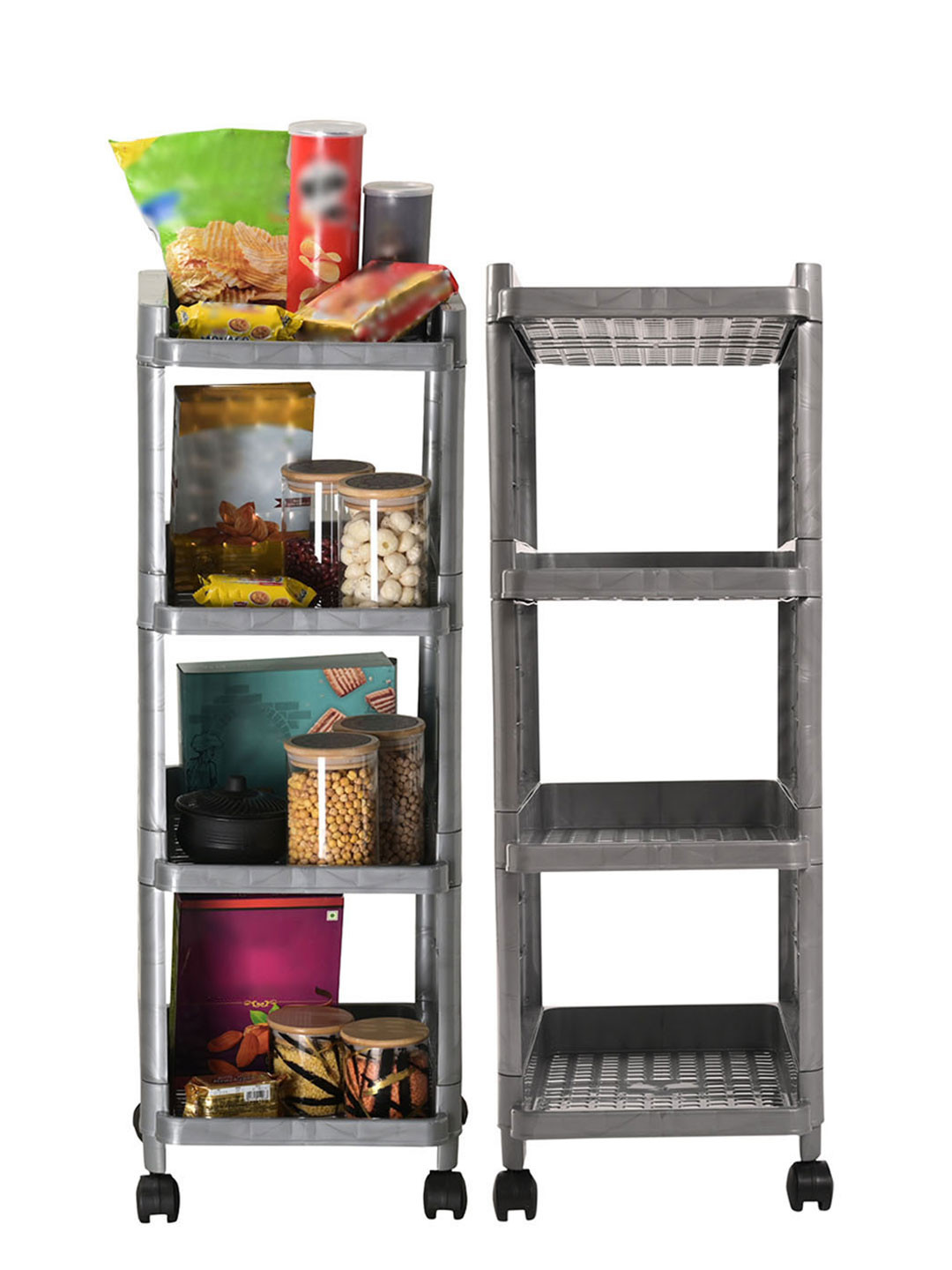 Aura Grey 2 Pieces 4-Layer Multipurpose Storage Rack With Wheels