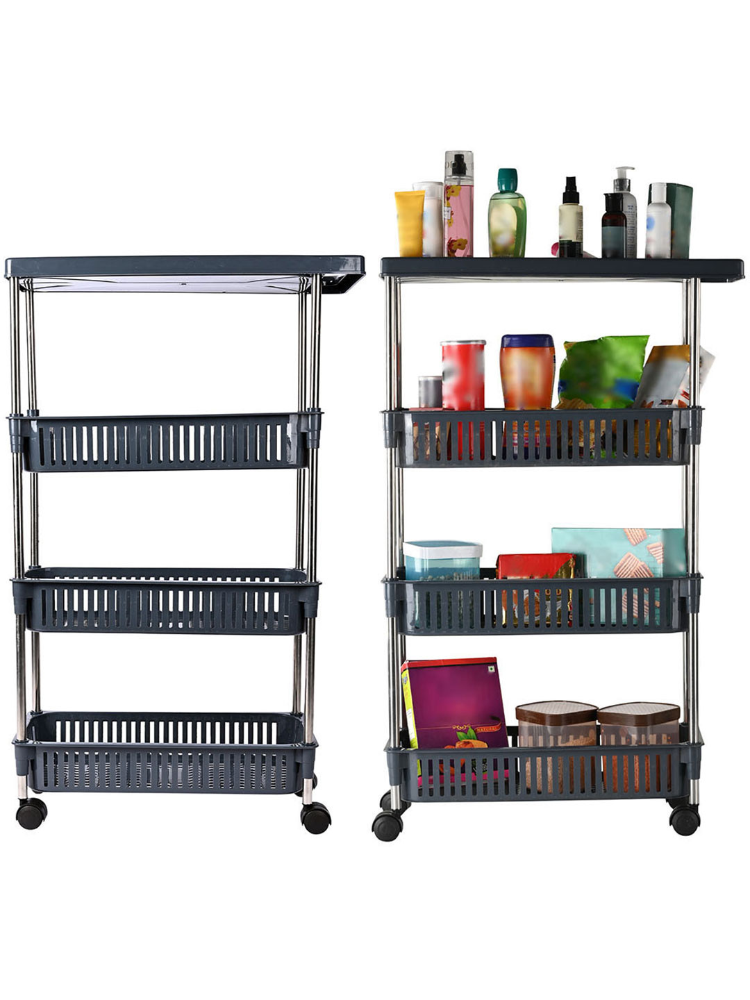 Aura Grey & Silver Toned 2 Pieces 4-Layer Multipurpose Storage Racks With Wheels