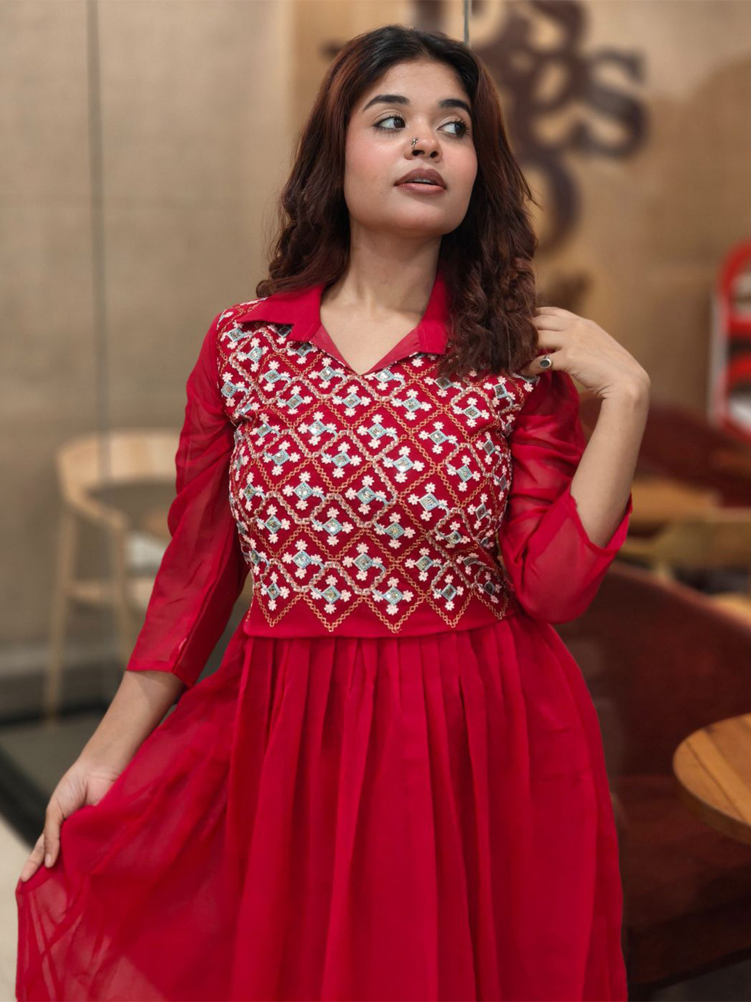 KALINI Woven Designed Embroidered Three Fourth Ethnic Dresses