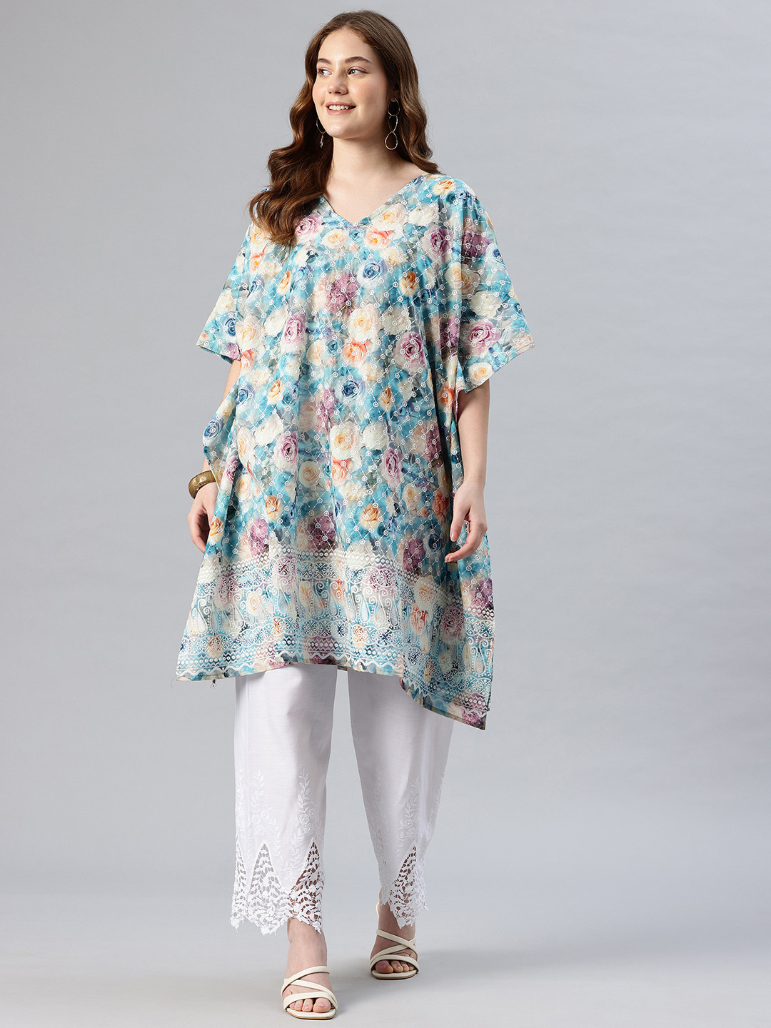 SWI Stylish Floral Printed Regular Pure Cotton Kaftan Kurta with Palazzos