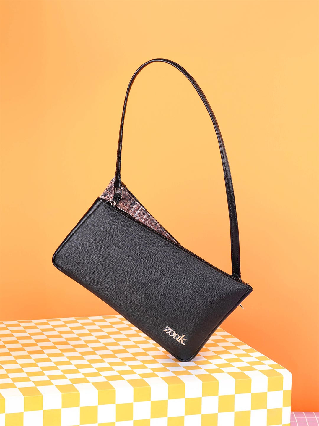 Alt by Zouk  Women Abstract Printed Baguette Shoulder Bag - Cashmere Noir (Copper)