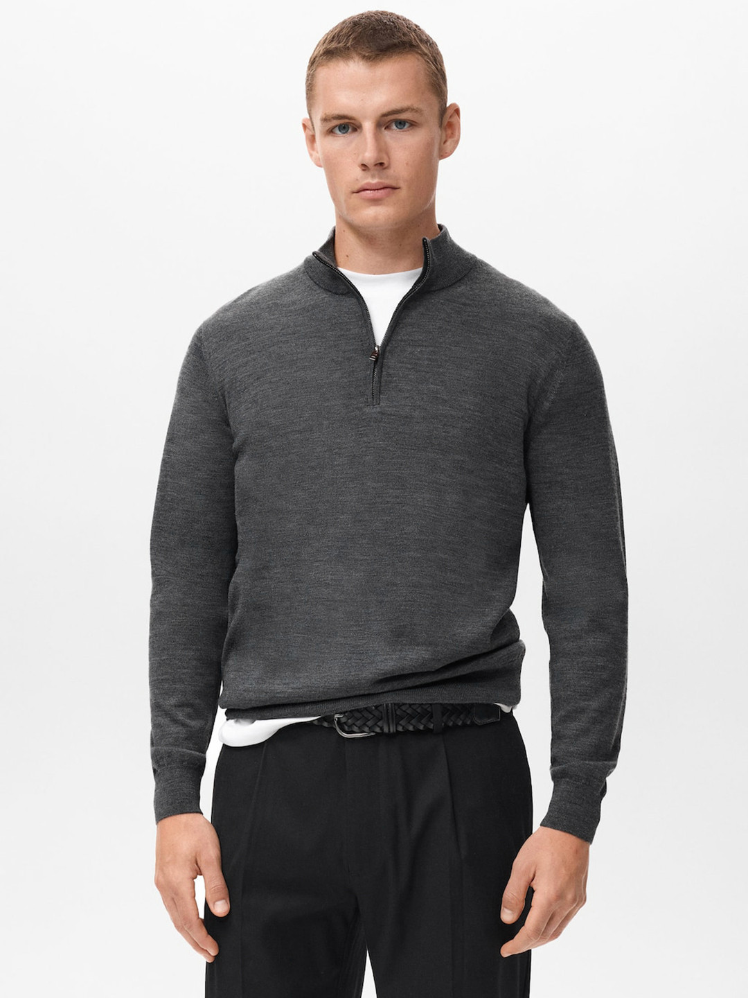 MANGO MAN Heathered Effect High Neck Wool Pullover