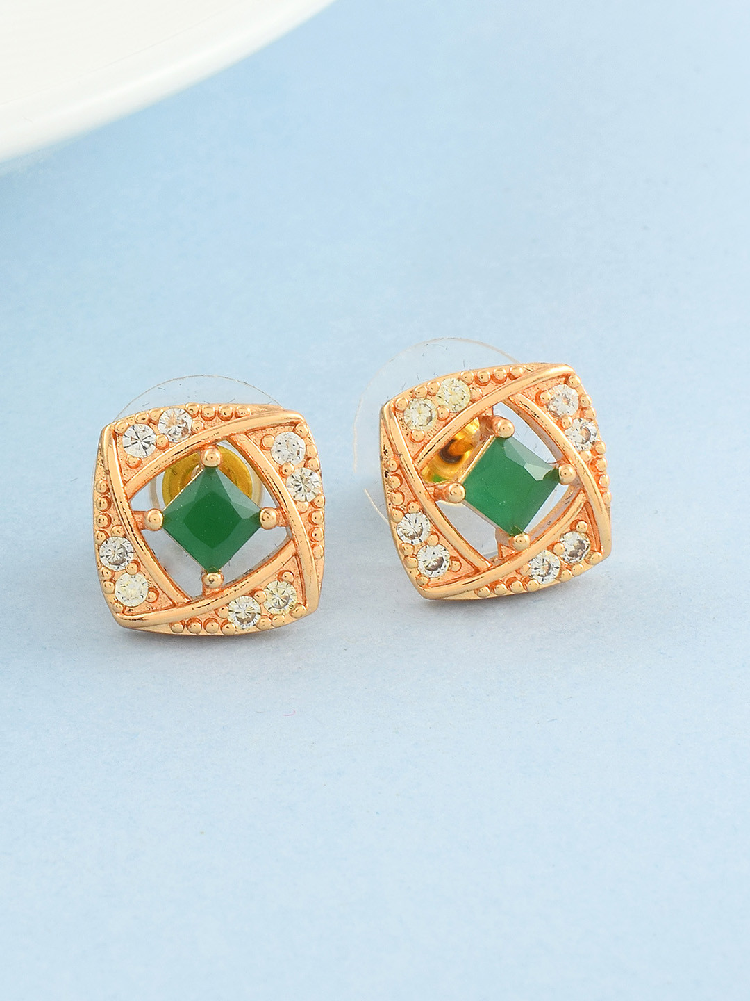 Missmister Gold-Plated Green Stone Square Stud Earrings with Crystal Accents
