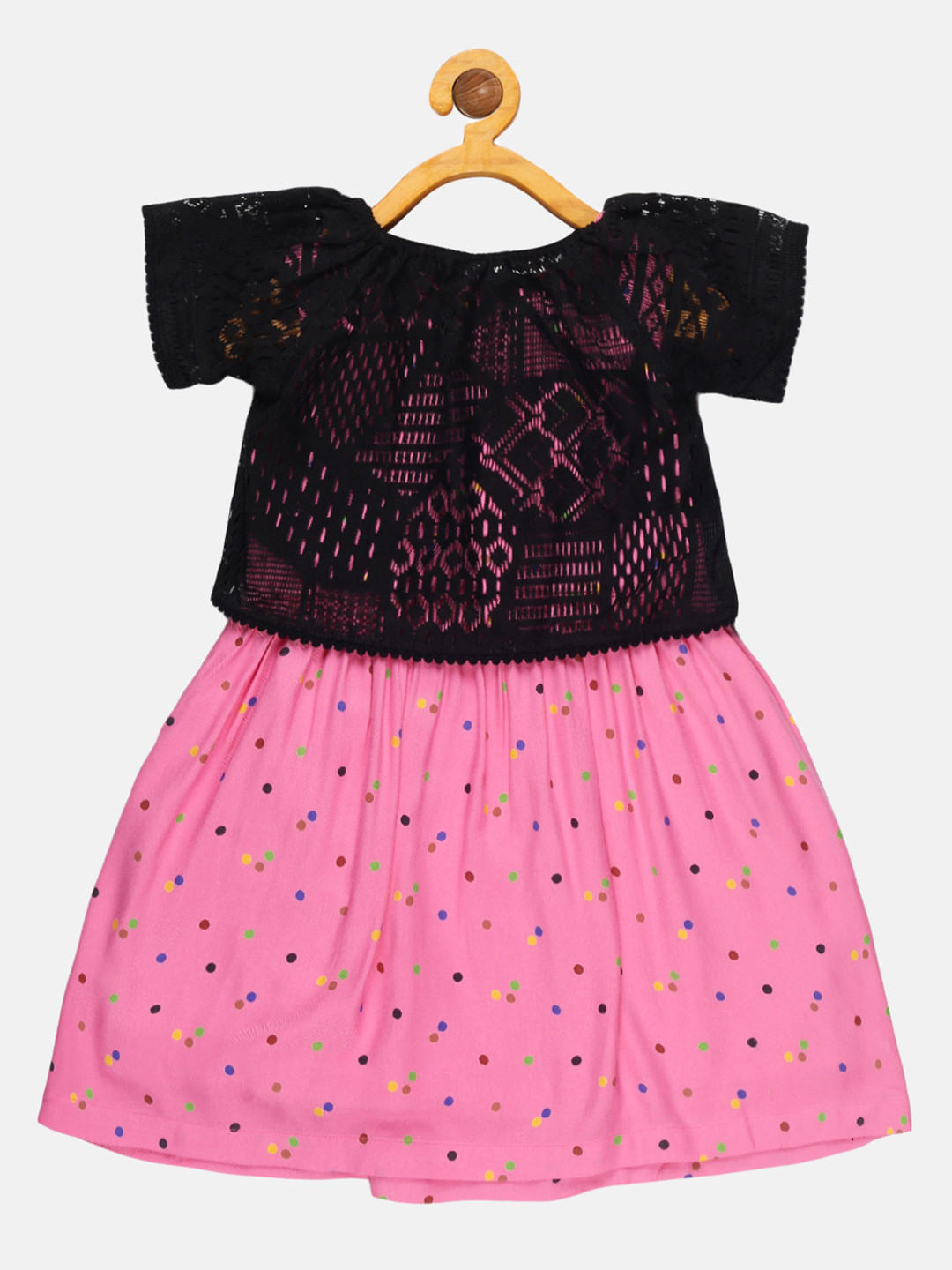 YOUNG BIRDS Girls Polka Dots Printed Round Neck Dress With Lace Top