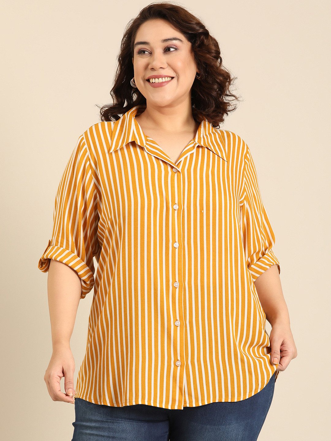 The Pink Moon Summer Edit Plus Size Vertical Striped Relaxed Roll-Up Sleeves Casual Shirt