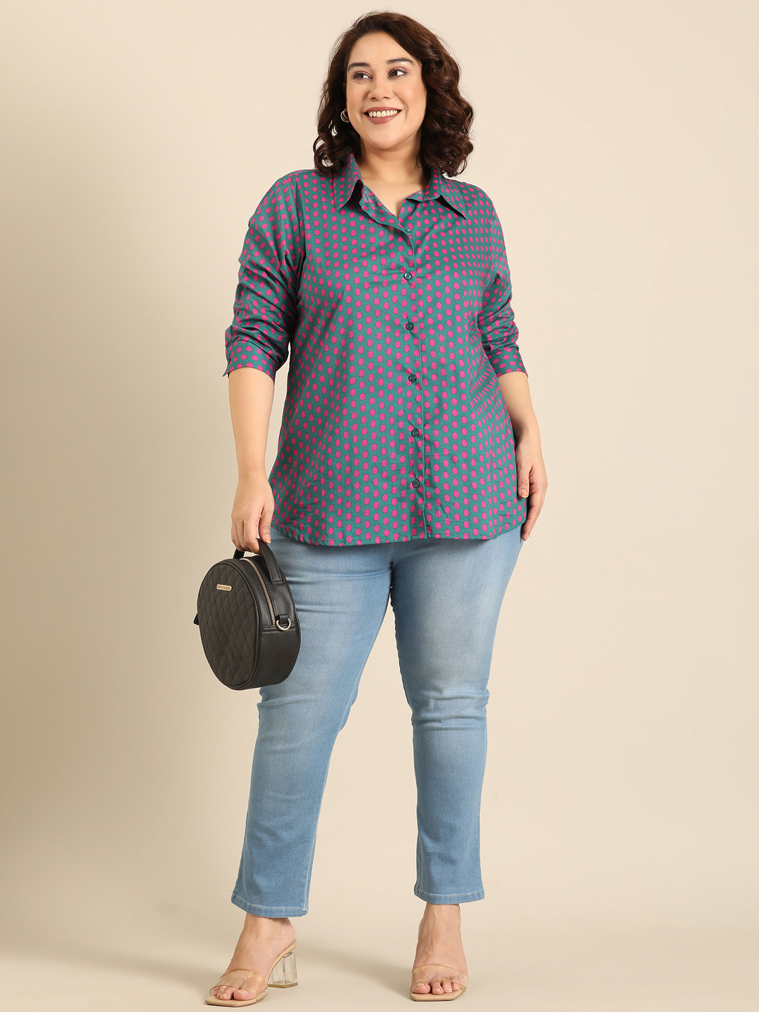 The Pink Moon Cotton Edit Plus Size Relaxed Polka Dot Printed Cotton Shirt