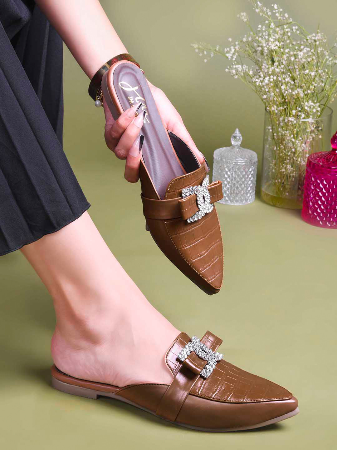JM Looks Women Pointed-Toe Croc-Texture Embellished Slip-On Mules