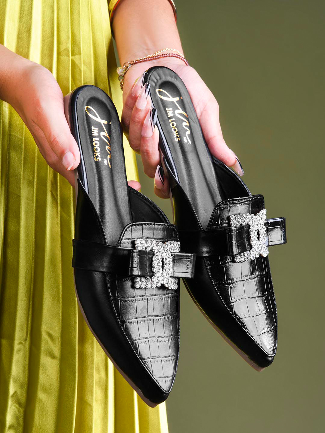 JM Looks Women Pointed-Toe Croc-Texture Embellished Slip-On Mules