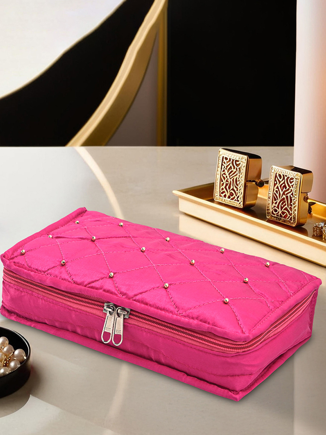 Kuber Industries Pink & Gold-Toned Moti Design 6 Compartments Jewellery Organiser