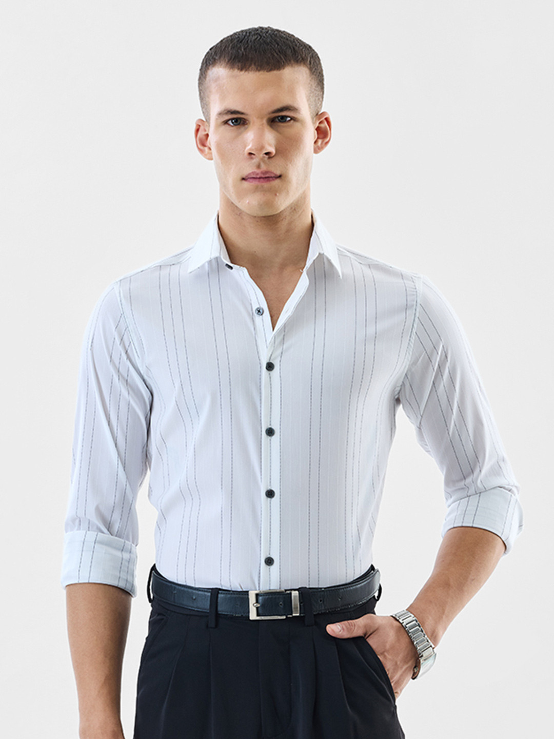 Snitch Pin Striped Spread Collar Slim Fit Formal Shirt
