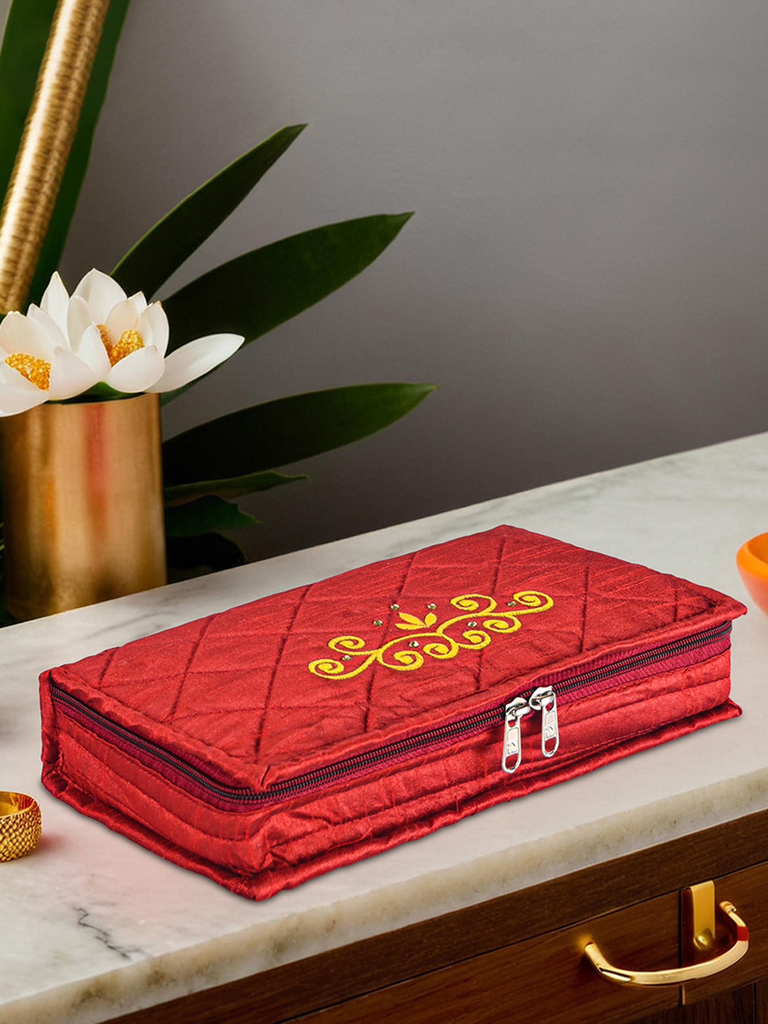 Kuber Industries Embroidery- Red Cotton Jewellery Organisers Pouch for Women