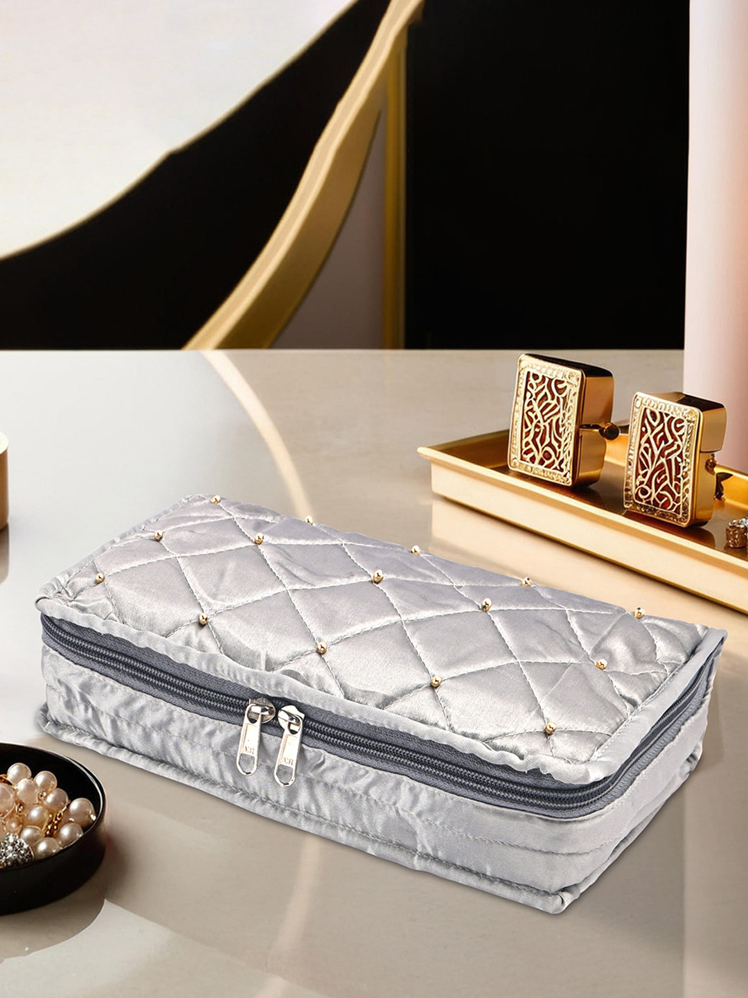 Kuber Industries Grey & Gold-Toned Moti Design 6 Pouches Jewellery Organiser